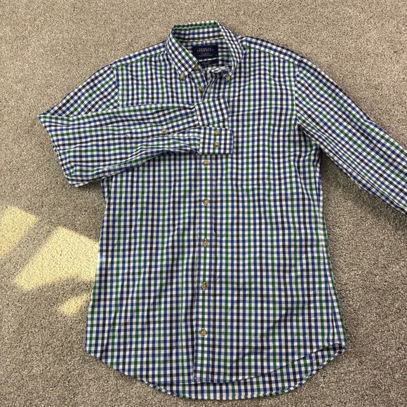 Charles Tyrwhitt Mens Small Blue Green Gingham Check Button Down Shirt Slim Fit - Picture 2 of 6